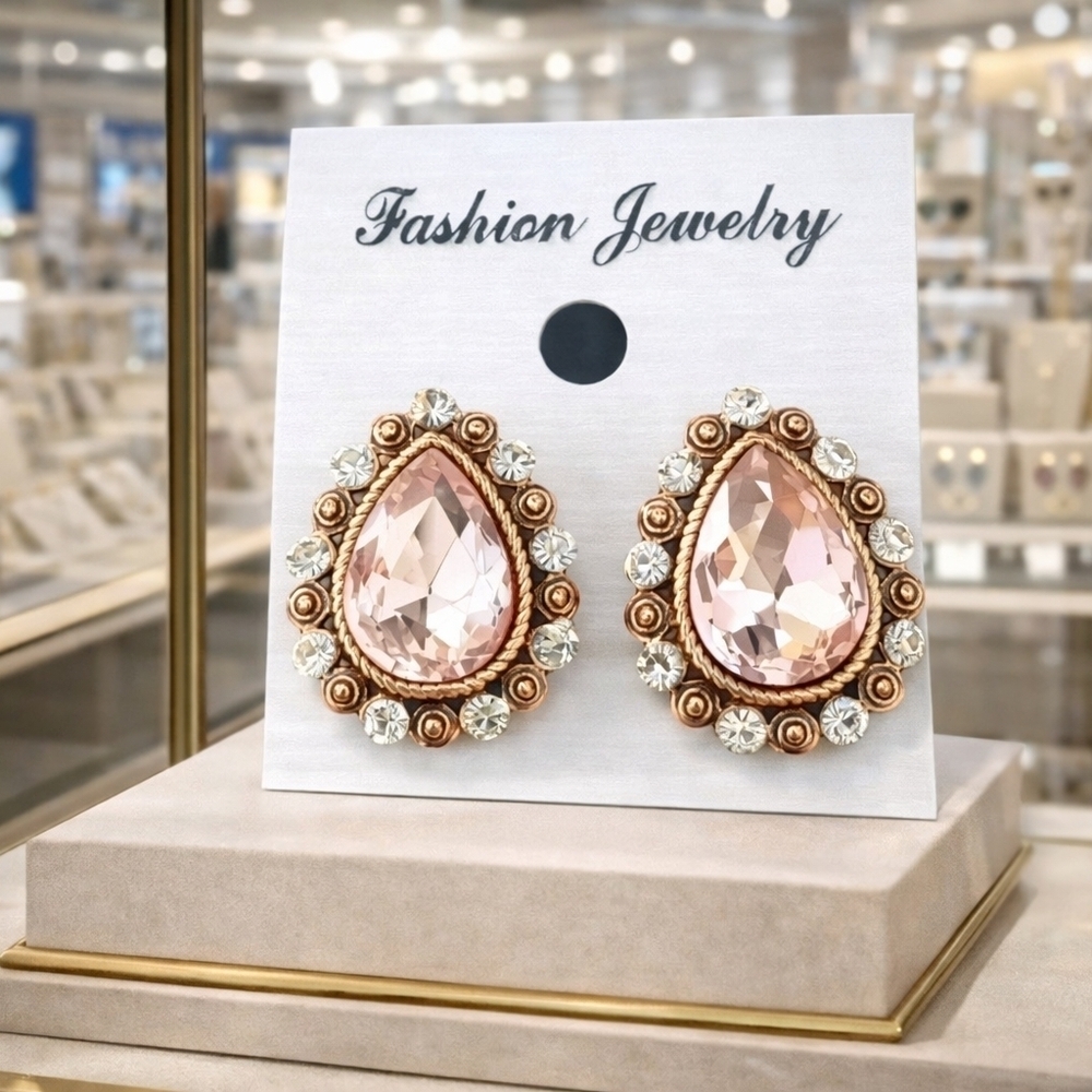 Gold pink and rhinestone earrings